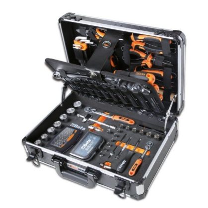 Beta Worker 2054E/E-128 szerszámkészlet kofferben, 128 darabos Beta szerszámkészlet nyitott állapotban, Beta Worker általános karbantartó szett