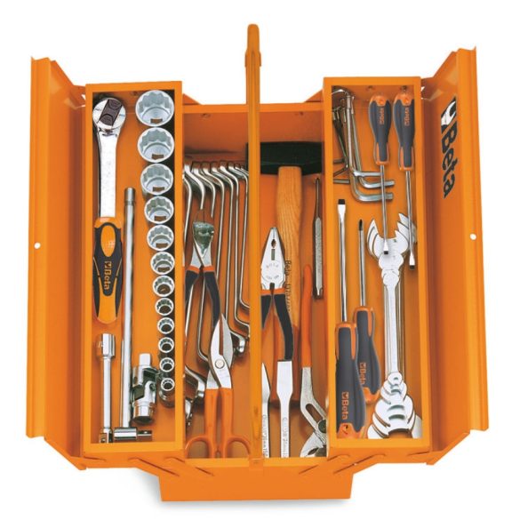 Beta 2119L-VU/3 háromrekeszes fém szerszámos láda kinyitva, 75 darabos professzionális szerszámkészlettel