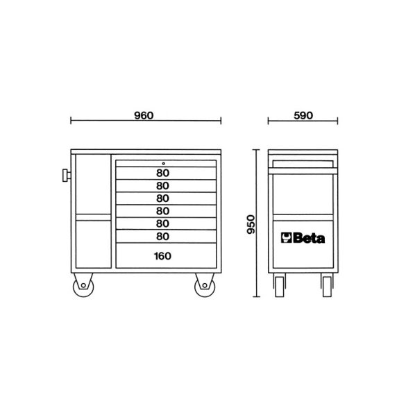 Beta C24XL - 2400XL 7 fiókos szerszámkocsi oldalsó tárolóval