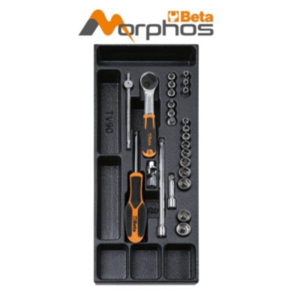 Beta T91MH ABS hőformált tálca hatlapfejű gépi dugókulcsokkal és 1/4”-os betétekkel