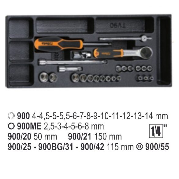 Beta T91MH ABS hőformált tálca hatlapfejű gépi dugókulcsokkal és 1/4”-os betétekkel