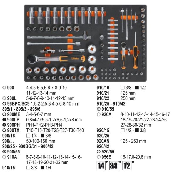 Beta M100MH EVA habszivacs tálca 1/4"-os és 1/2"-os dugókulcsokkal