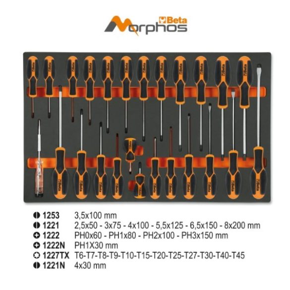 Beta M195MH Puha hőformált tálca 25 db Morphos csavarhúzóval hasítottfejű, Phillips® és Torx® csavarokhoz