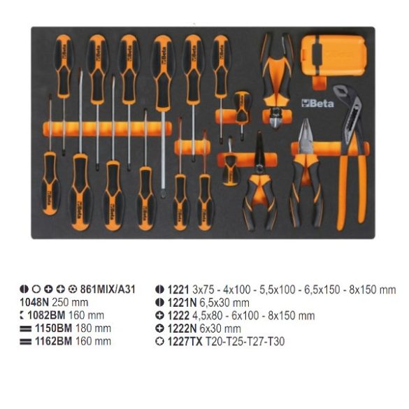 Beta M166MH EVA habszivacs tálca Morphos csavarhúzókkal, fogókkal és 1/4"-os betétekkel