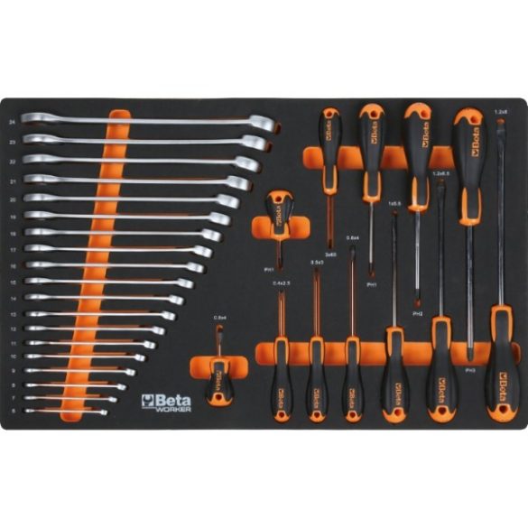 Beta Worker 5000S/3M 3 fiókos szerszámkocsi szemből, 189 részes Beta Worker szerszámkészlet tálcás elrendezésben, Beta szerszámos kocsi hőkezelt munkalappal