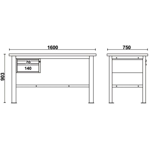C58BC-W1,6 2C 2 fiókos, fa munkalapos munkapad, 1,6 m széles