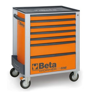 Beta Worker BW2400S-7/E-S 7 fiókos szerszámkocsi elölnézete, 240 darabos Beta szerszámkészlet tálcás elrendezésben, teleszkópos golyóscsapágyazott fiókok habgumi béléssel